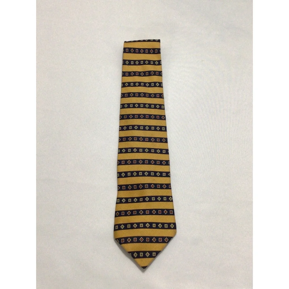 Tommy Hilfiger Mens Silk Tie Navy Blue Gold Geometric Diamond Striped 4 Inch